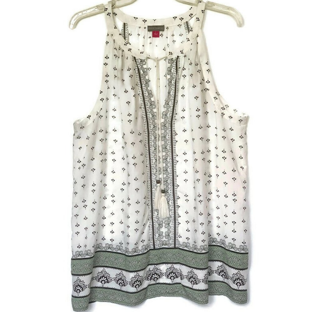 Vince Camuto Women's White Sleeveless Geo Print  Halter Blouse  Size Large NWT